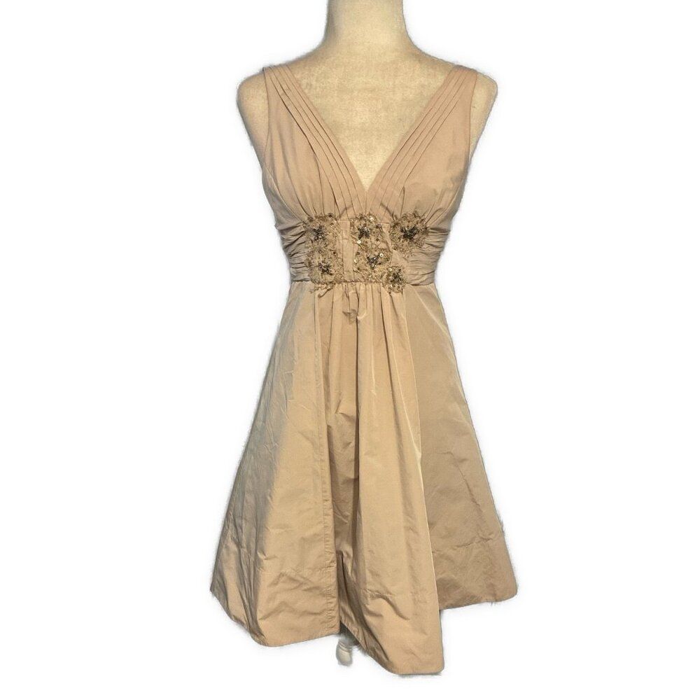 bcbgmaxazria beige nude beaded tank v neck dress knee length formal 0 Xxs Xs